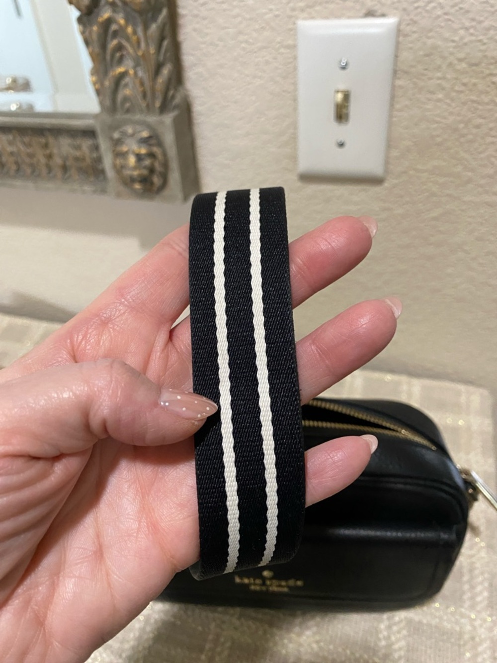 kate spade black leather camera bag with striped strap - Picture 3 of 4